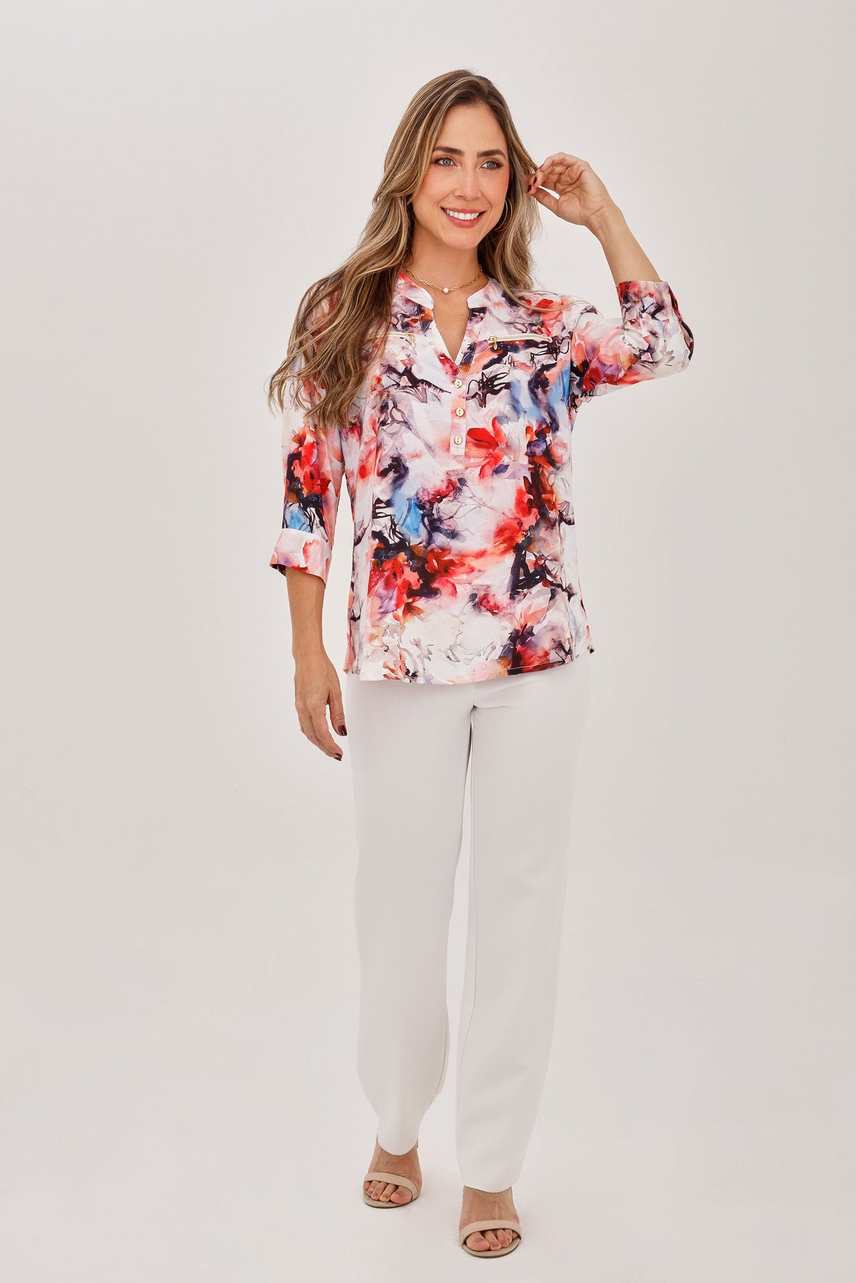 Blusa Manga 3/4 Media Perilla Cierre Estampado Rosado