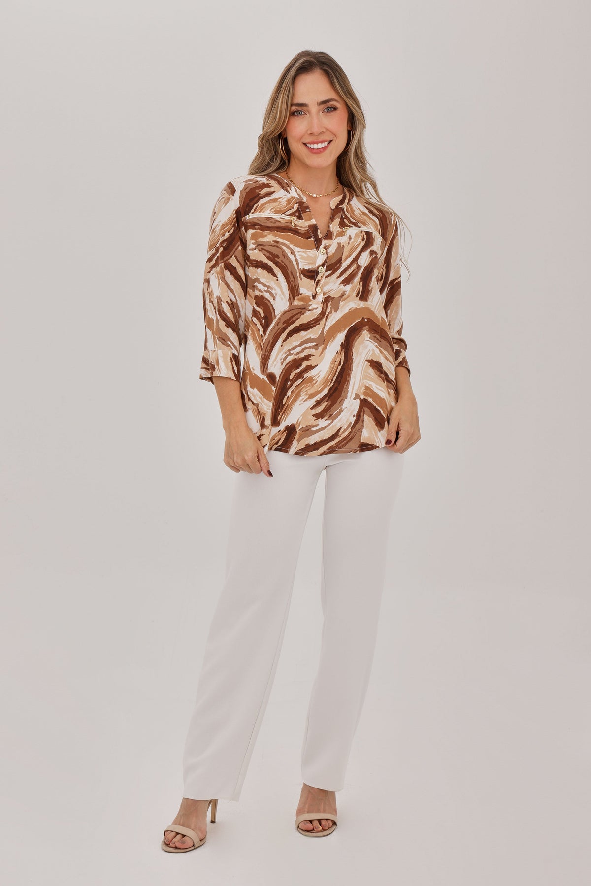 Blusa Manga 3/4 Media Perilla Cierre Étnica Camel