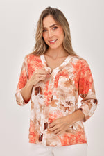 Blusa Manga 3/4 Cierre Flores Coral