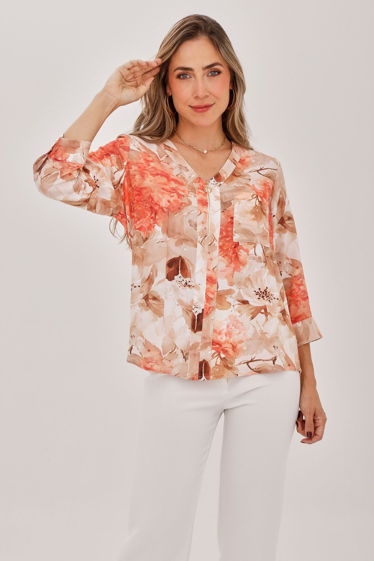 Blusa Manga 3/4 Cierre Flores Coral