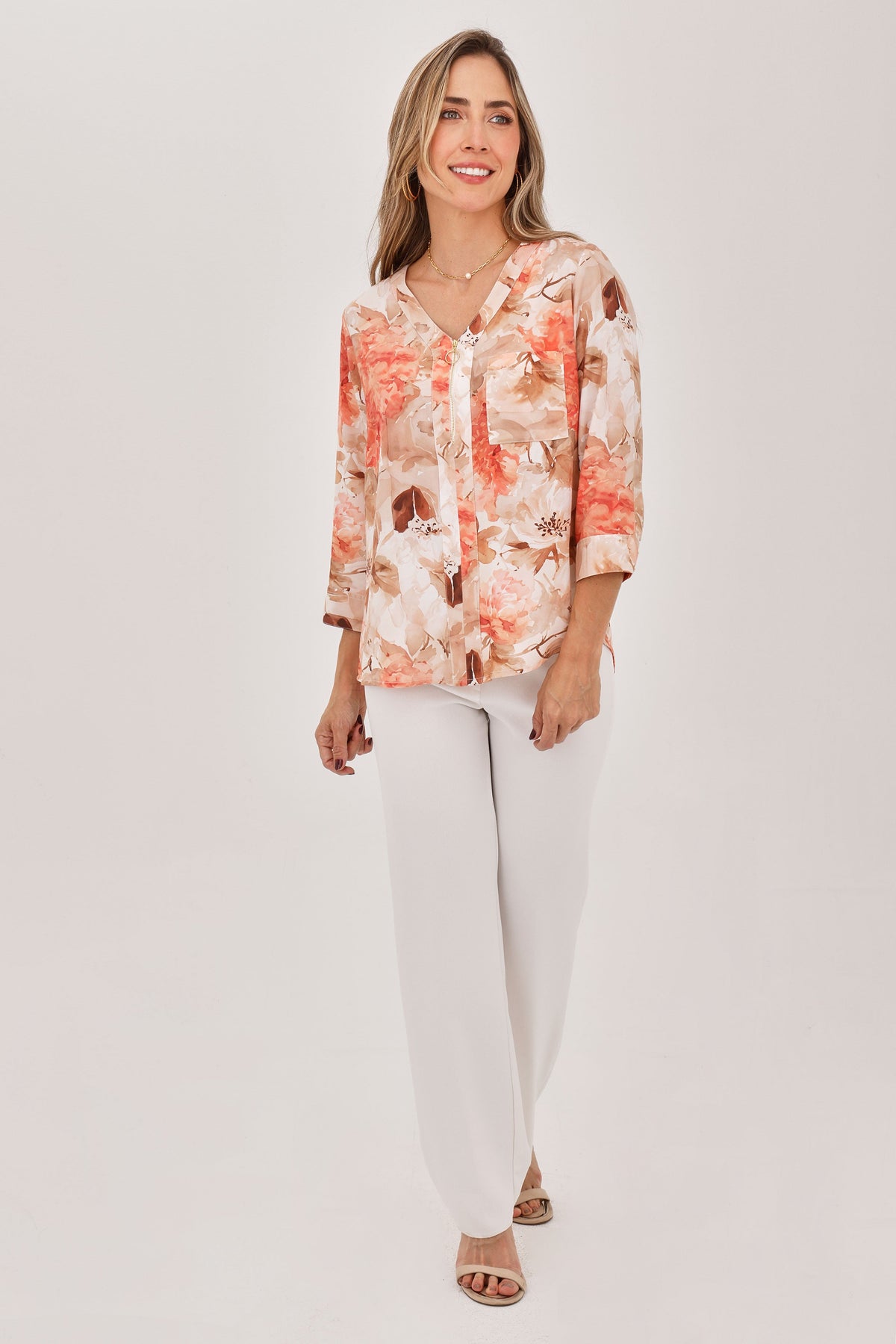 Blusa Manga 3/4 Cierre Flores Coral