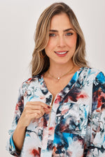 Blusa Manga 3/4 Cierre Flores Turquesa