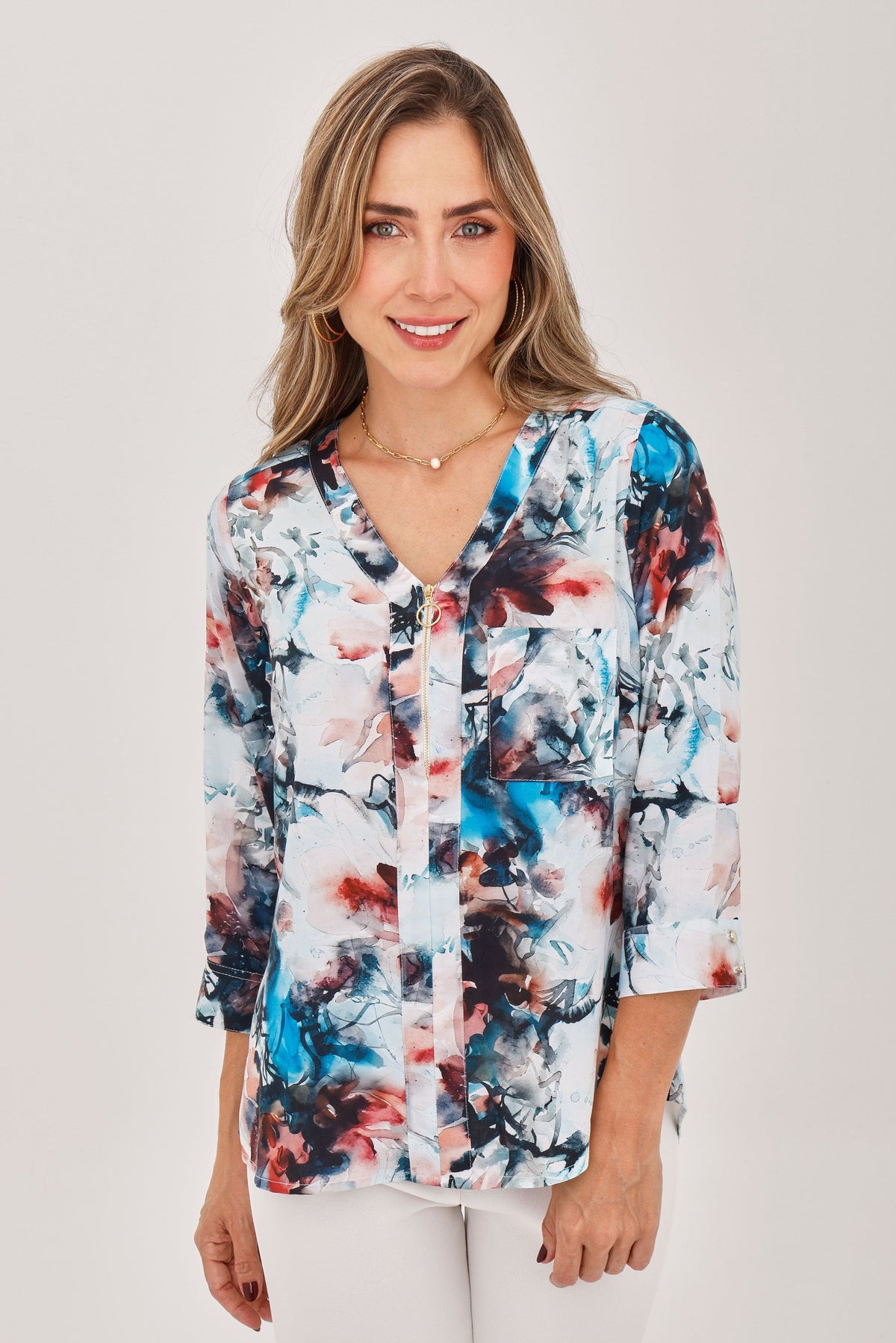 Blusa Manga 3/4 Cierre Flores Turquesa