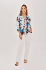 Blusa Manga 3/4 Cierre Flores Turquesa