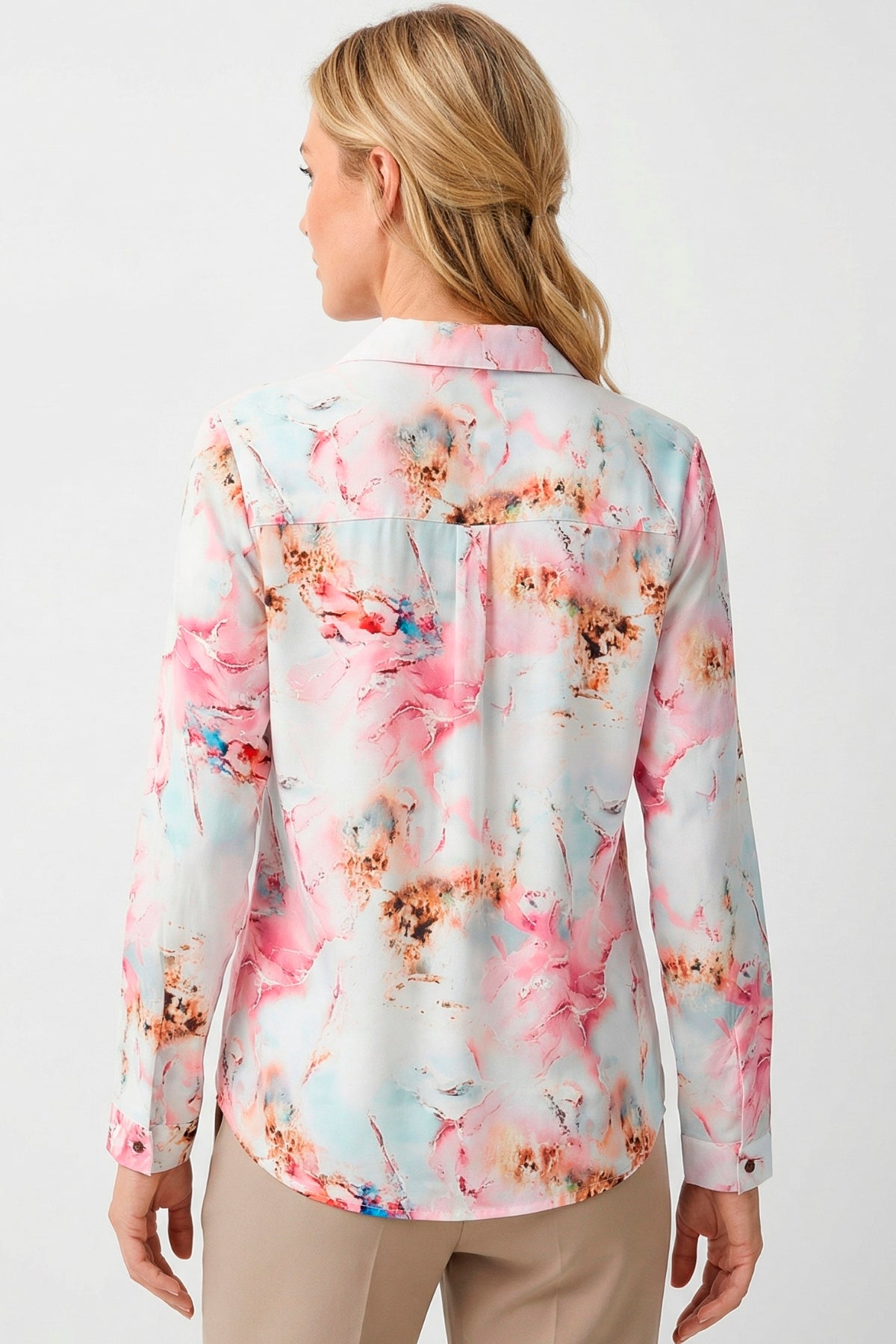 Blusa manga larga étnica con ojaletes en rayón mujer rosado