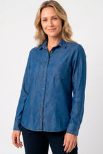 Blusa manga larga con bolsillos en tencel mujer azul medio
