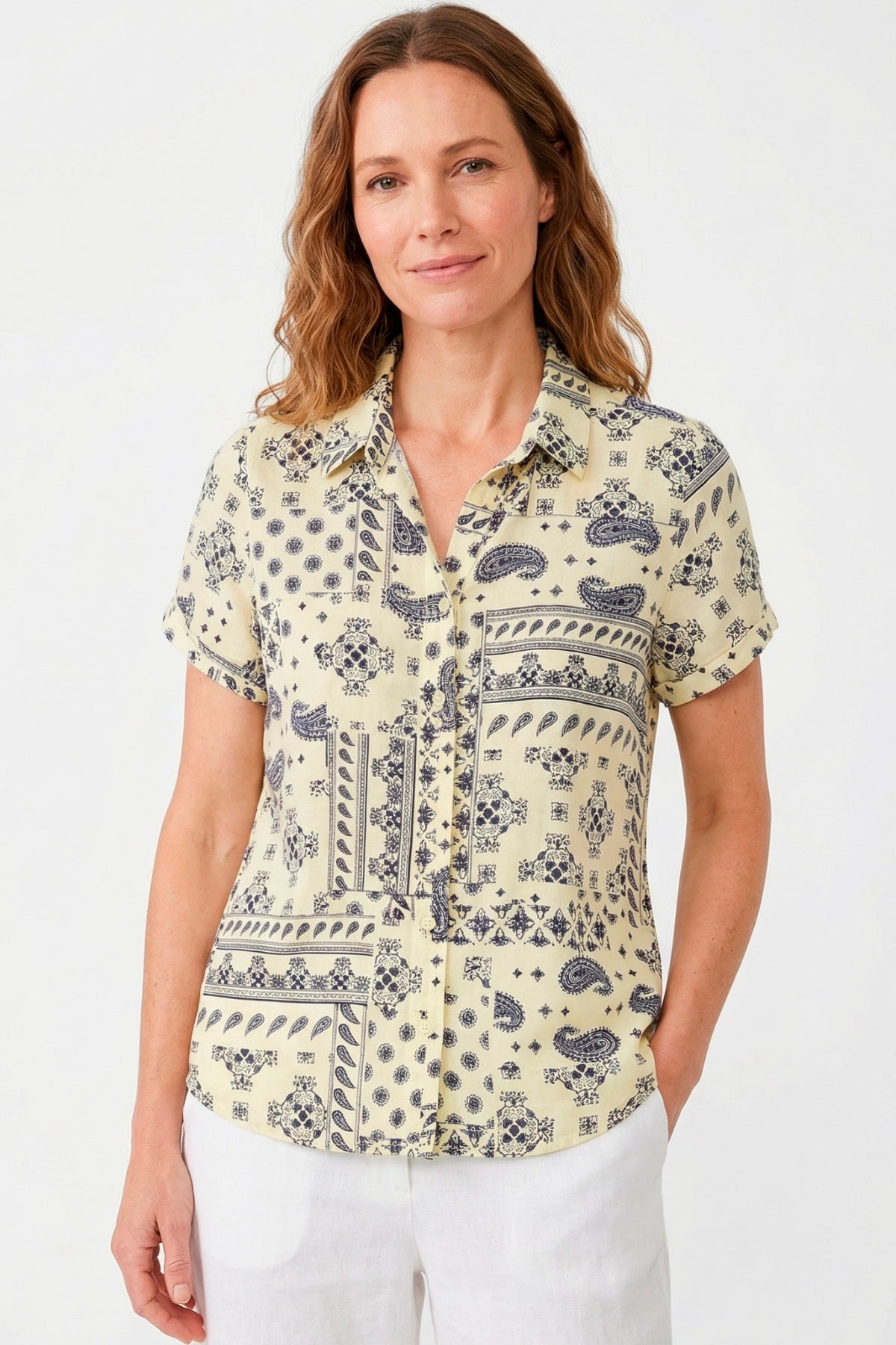 Blusa manga corta arabescos en rayón para mujer azul oscuro