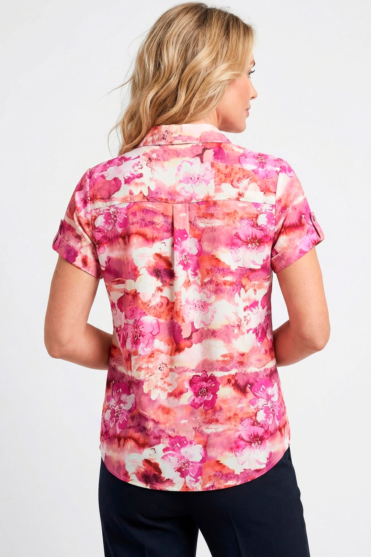Blusa manga corta charretera floral en rayón mujer fucsia