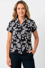 Blusa manga corta charretera bordada en rayón mujer negro