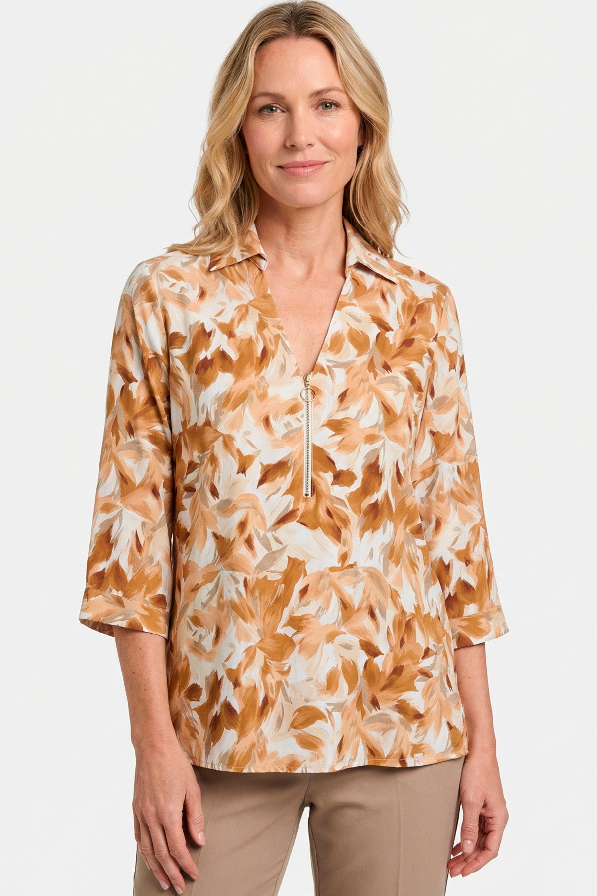 Blusa manga 3/4 étnica con cierre en rayón para mujer camel