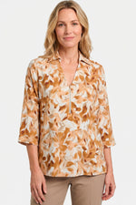 Blusa manga 3/4 étnica con cierre en rayón para mujer camel