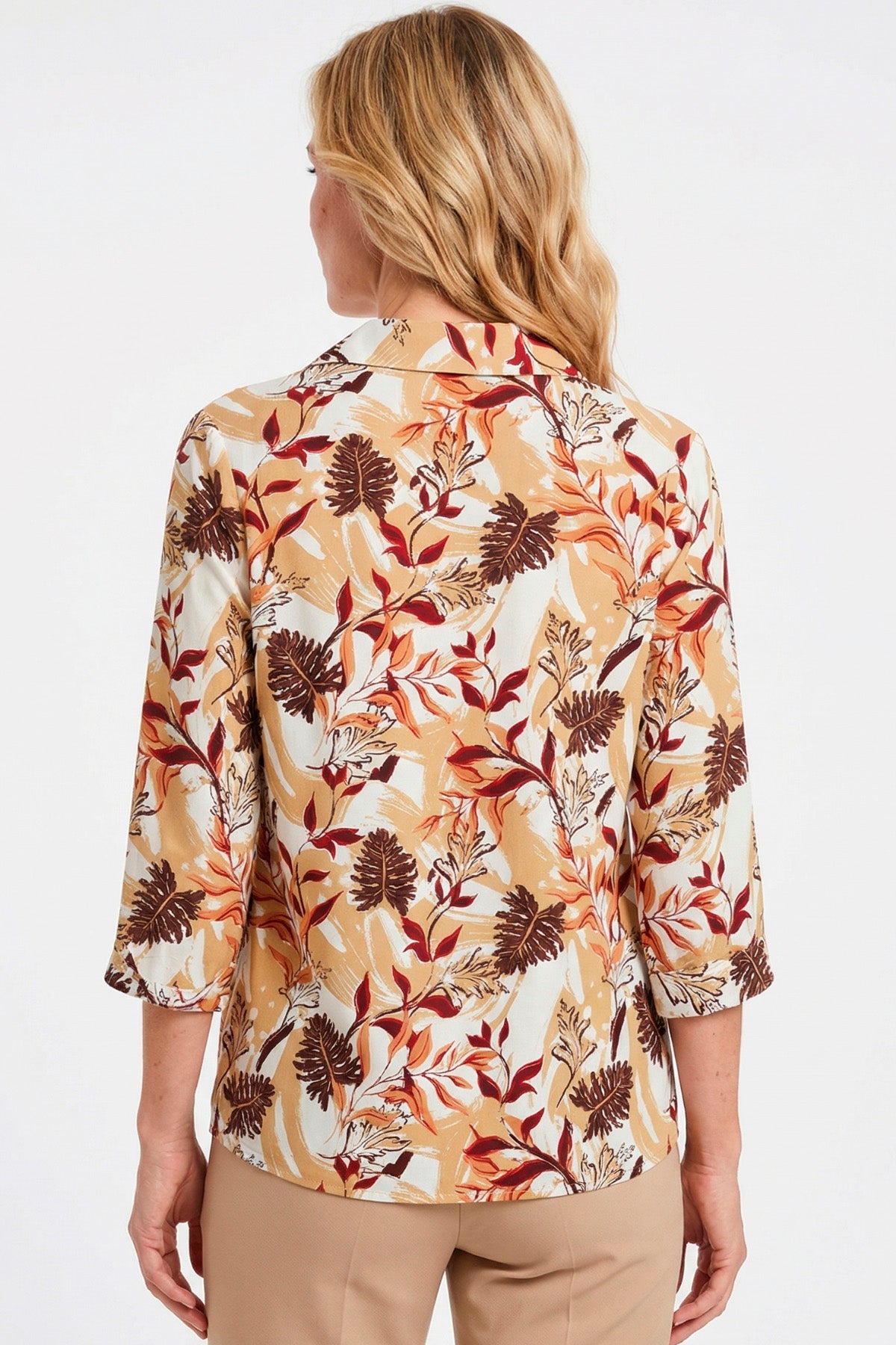 Blusa manga 3/4 hojas con cierre en rayón para mujer camel