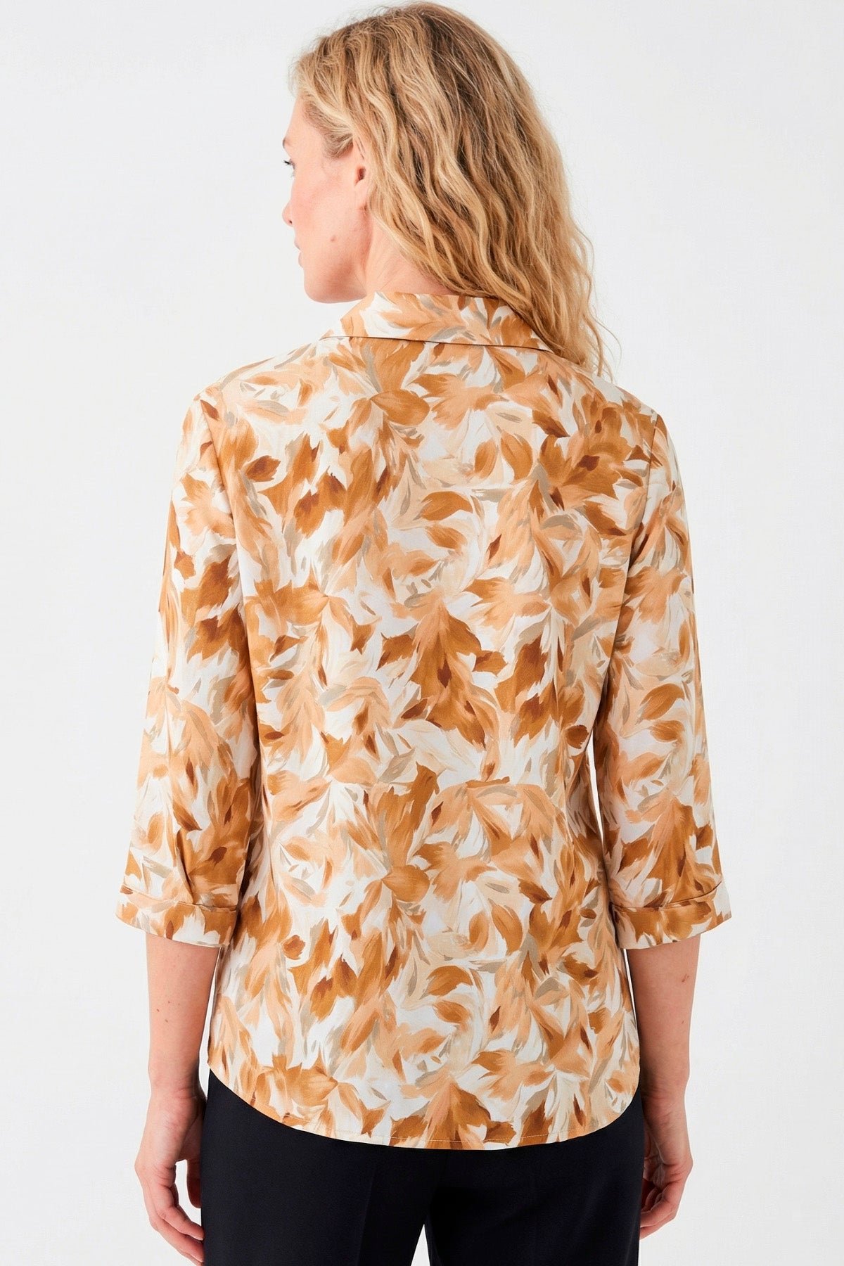Blusa manga 3/4 étnica con cierre en rayón para mujer camel