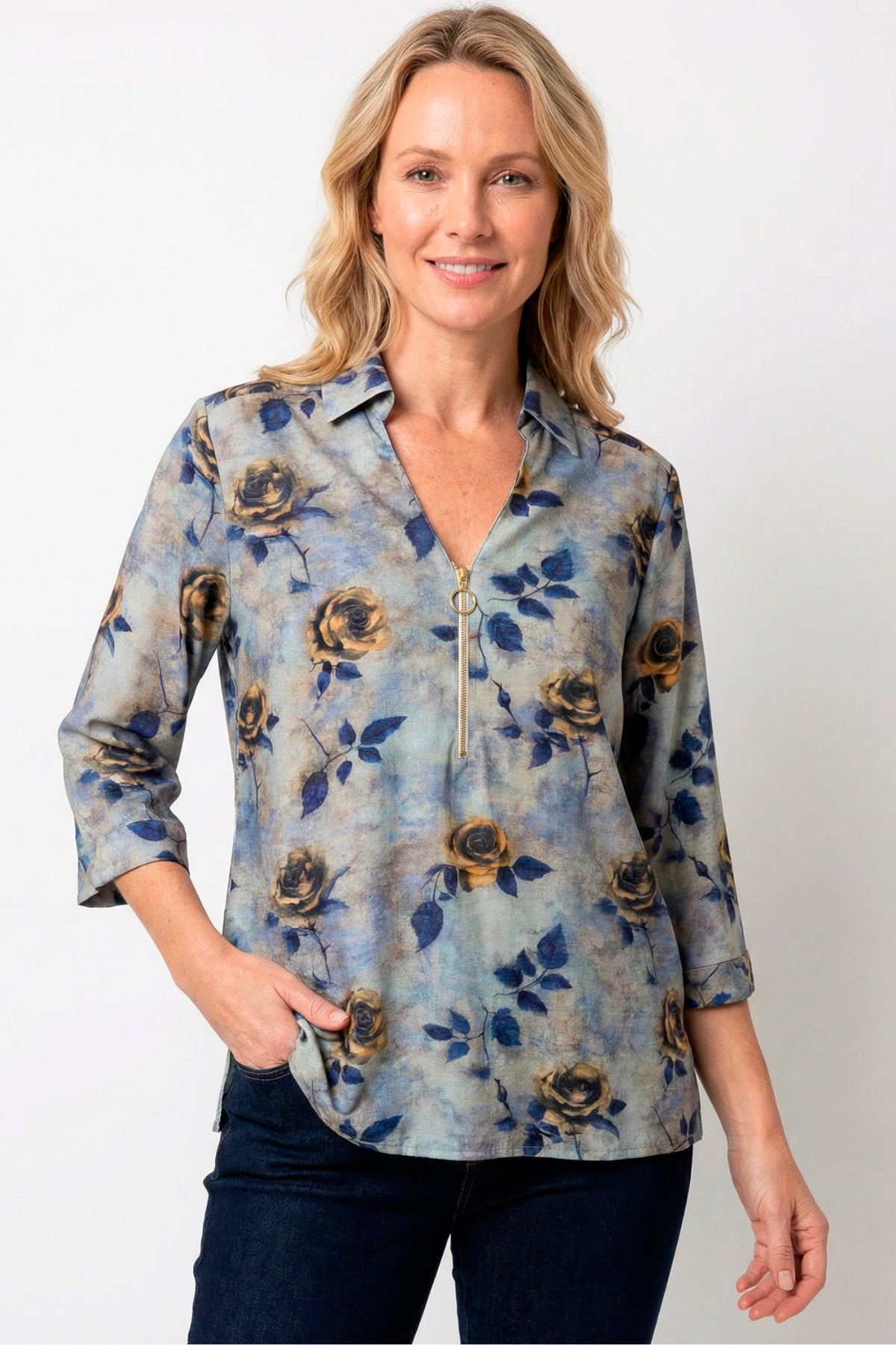 Blusa manga 3/4 floral con cierre en algodón para mujer azul
