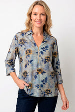Blusa manga 3/4 floral con cierre en algodón para mujer azul