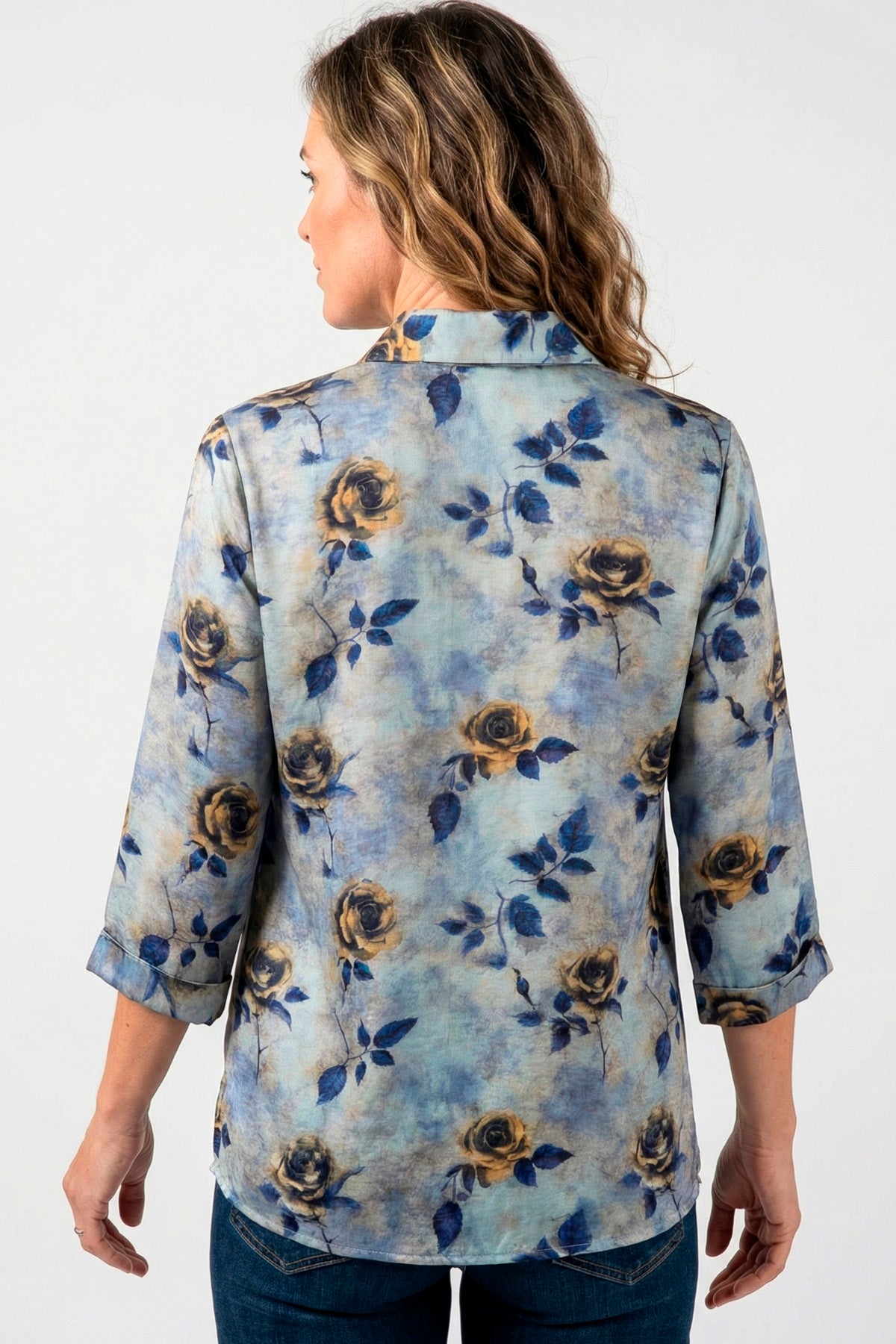 Blusa manga 3/4 floral con cierre en algodón para mujer azul
