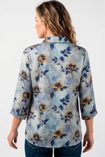 Blusa manga 3/4 floral con cierre en algodón para mujer azul