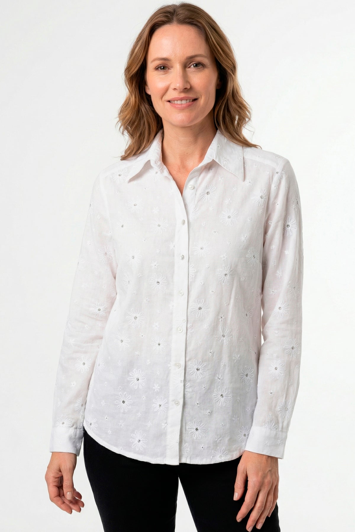 Blusa manga larga en ojalillo para mujer crudo
