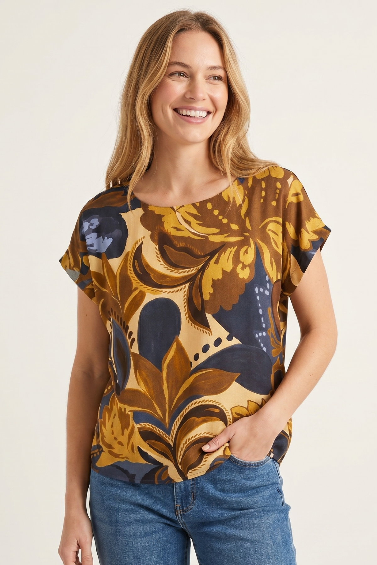 Blusa Estampada Azul Navy en Rayón para Mujer