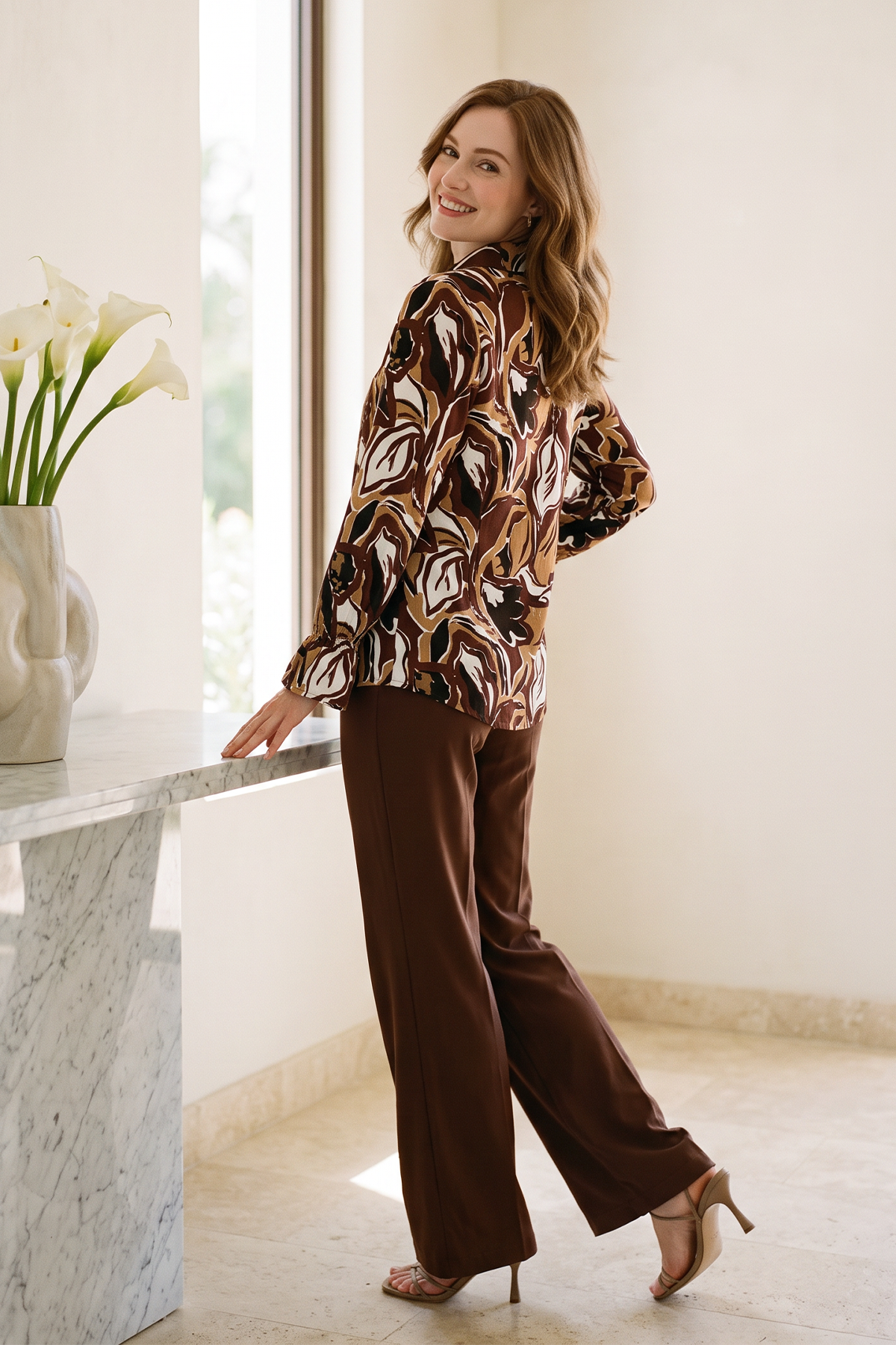 Blusa Manga Larga en Rayón Café para Mujer