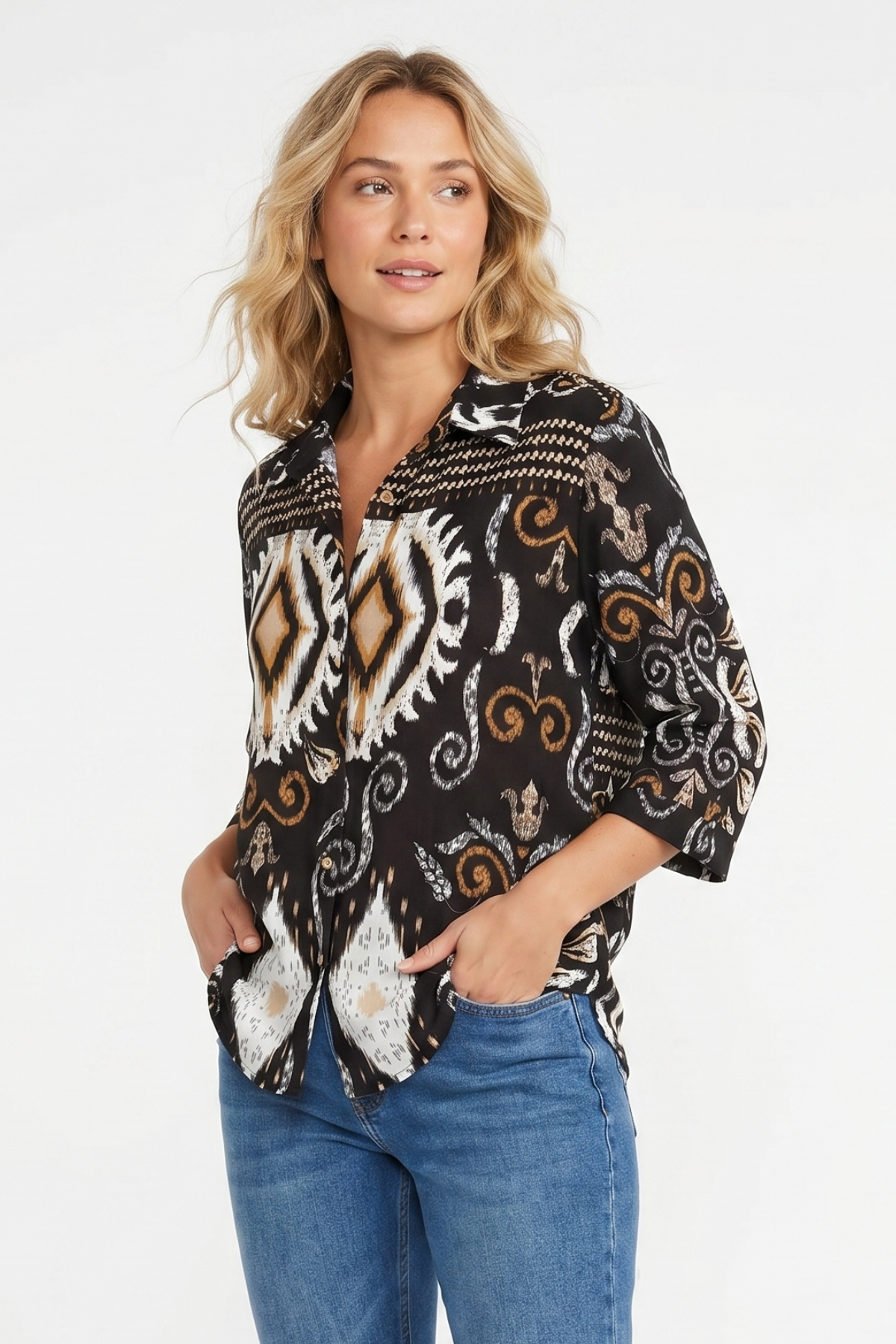 Blusa Estampada Negra en Rayón para Mujer