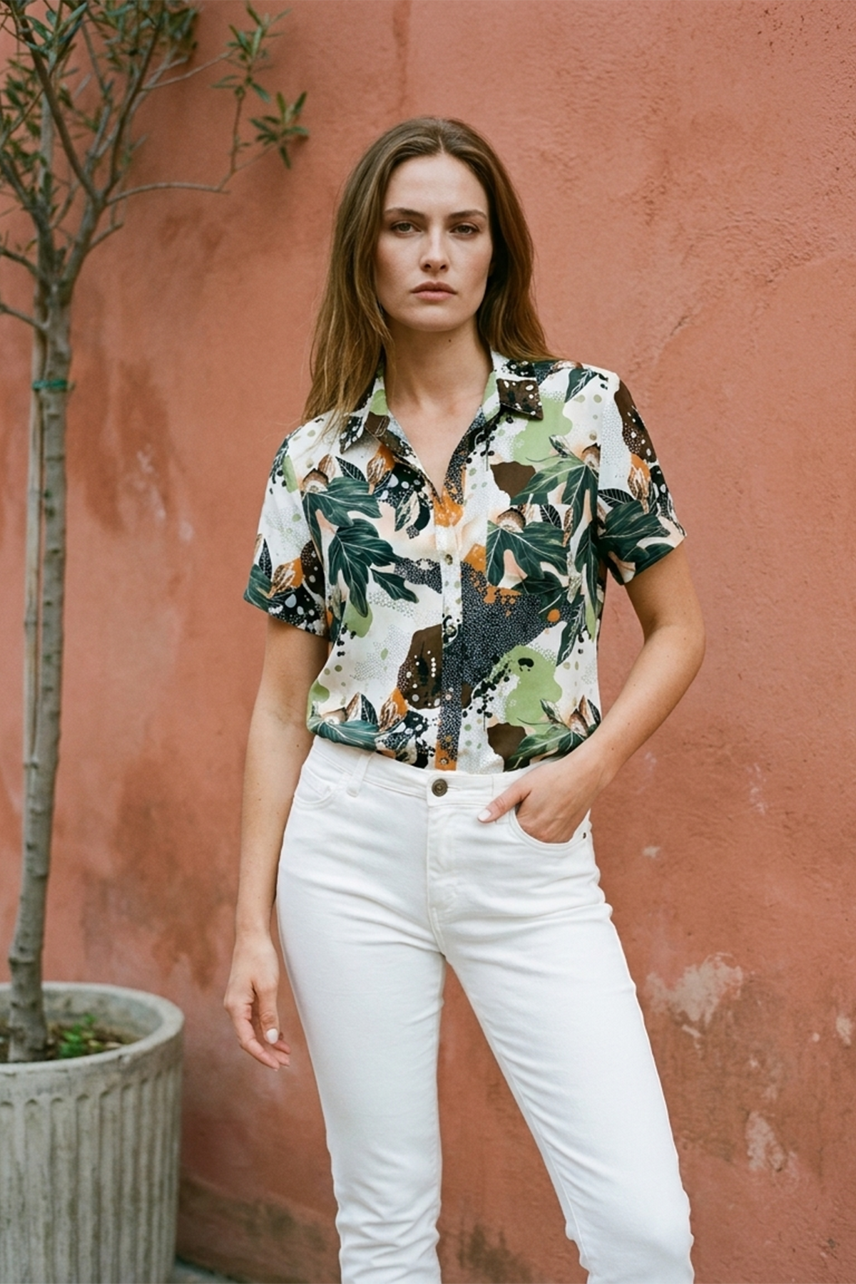 Blusa Manga Corta en Rayón Verde Oliva para Mujer
