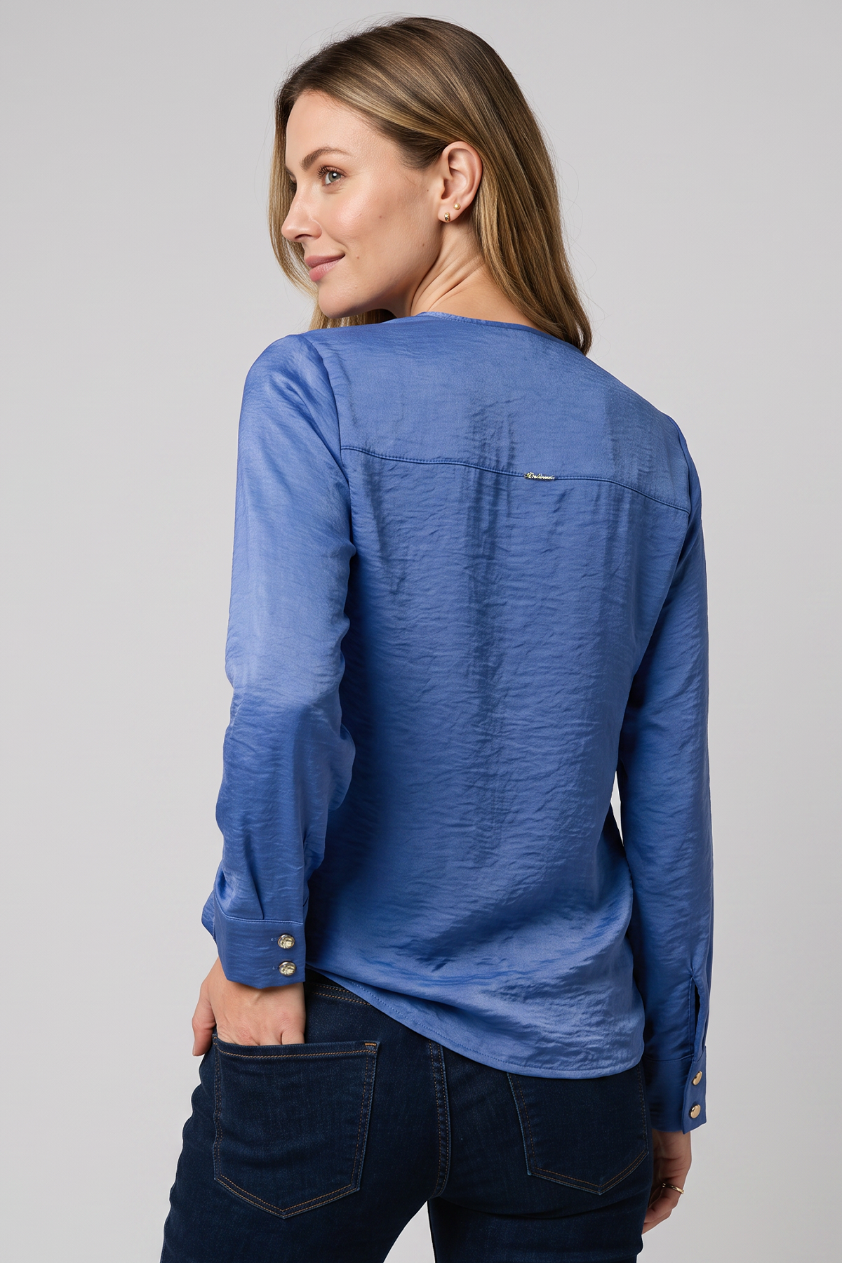 Blusa en Polyester Twill Azul con Manga Larga para Mujer