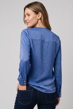 Blusa en Polyester Twill Azul con Manga Larga para Mujer