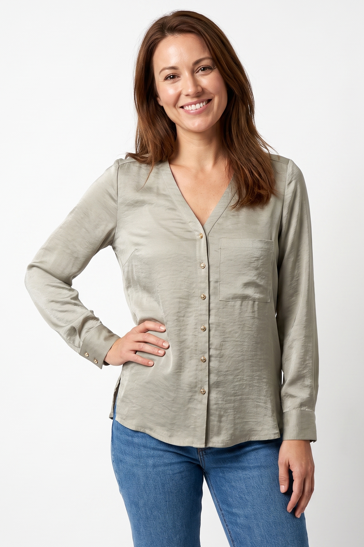 Blusa en Polyester Twill Taupe Claro para Mujer