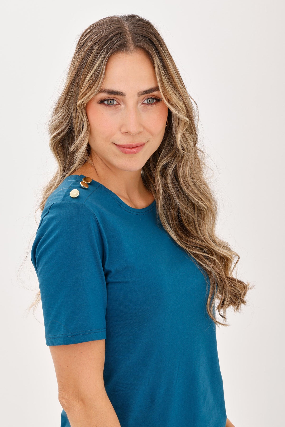 Camiseta Manga Corta Botones Hombro Azul Petróleo