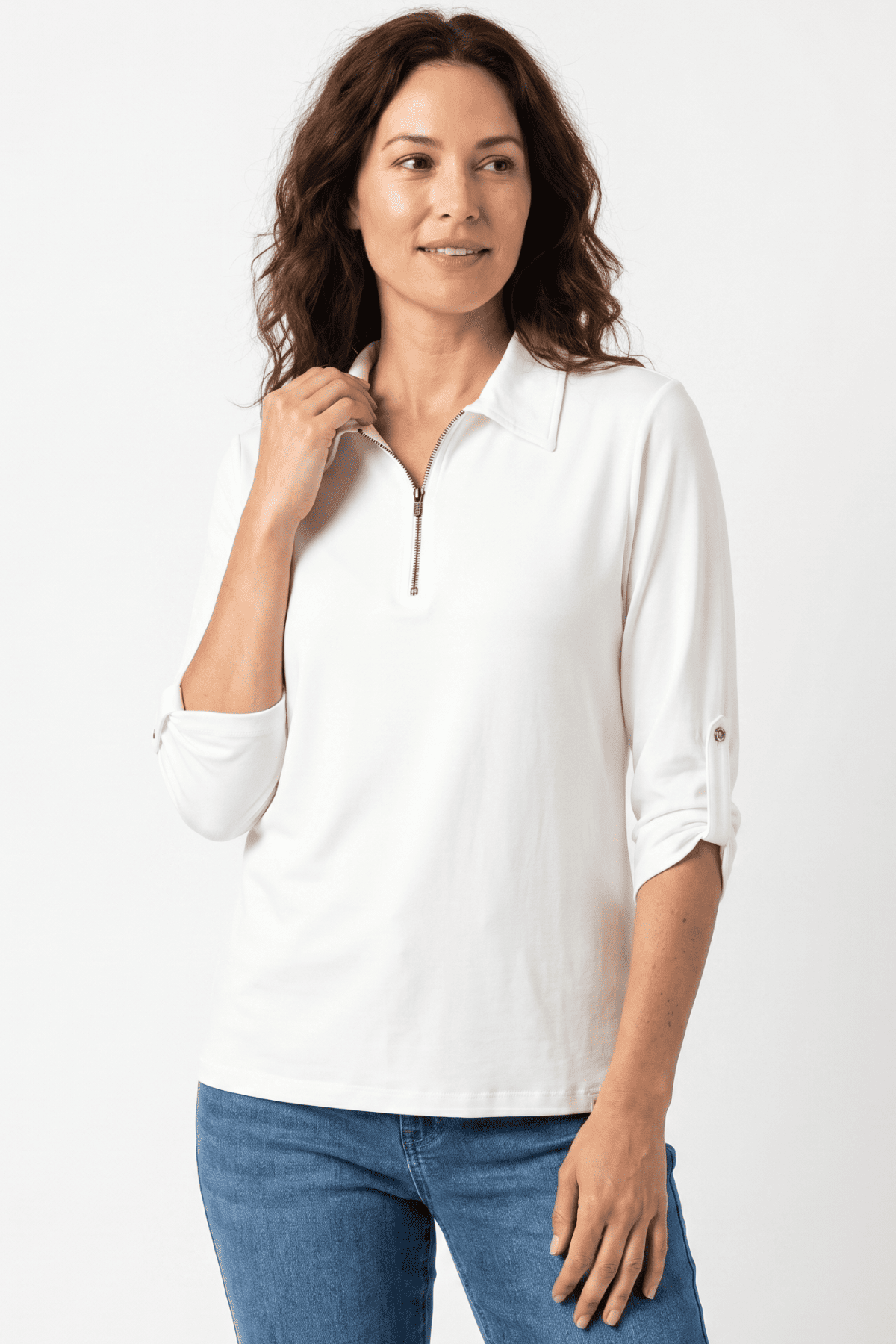 Camiseta manga 3/4 con cierre en lycra para mujer crudo