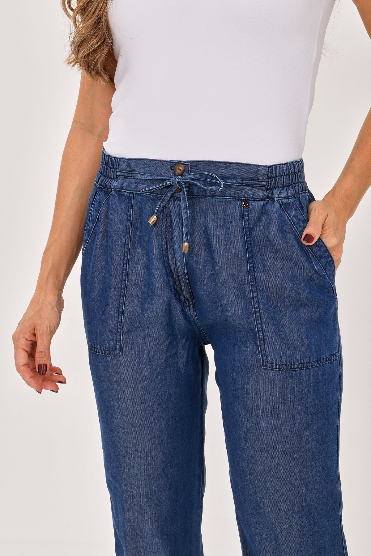 Pantalón Tencel Resortado Jareta Azul Medio