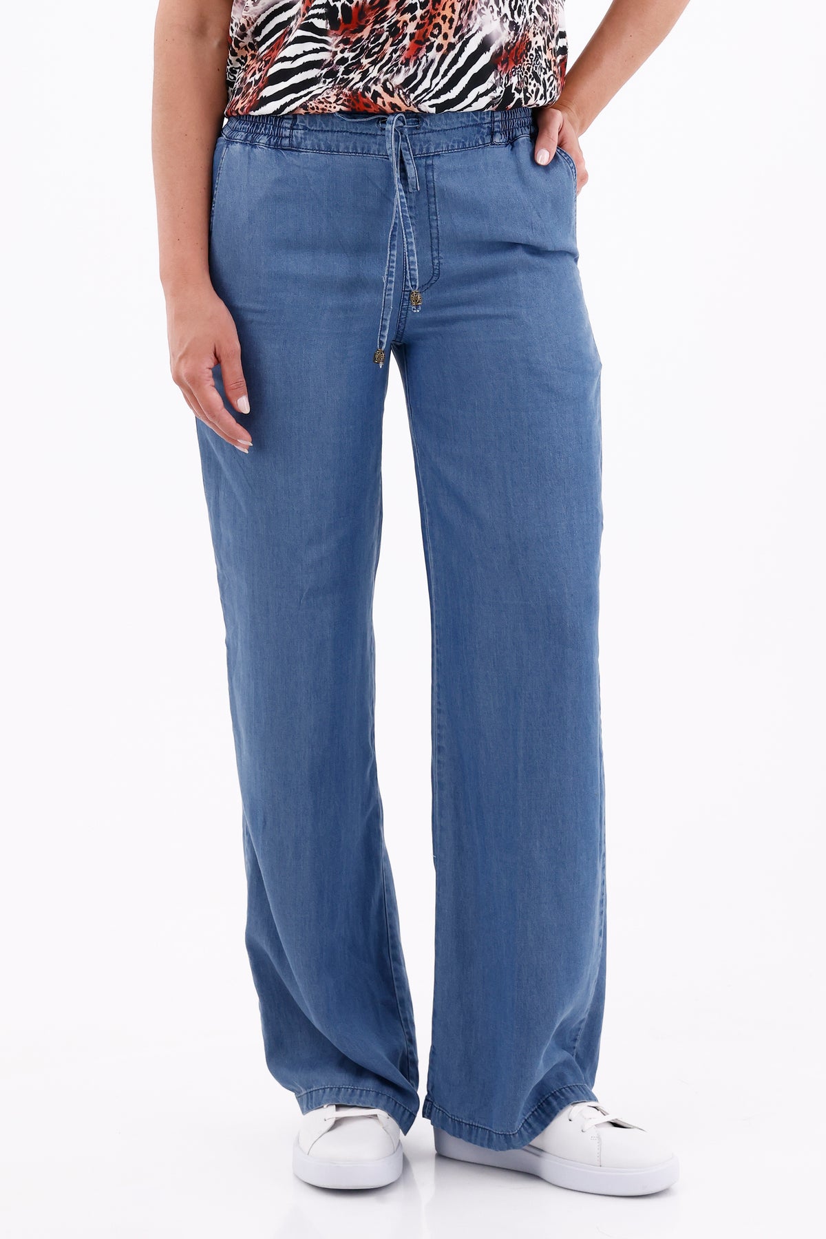 Pantalón Índigo Bolsillos Resorte Jareta Azul Medio Para Mujer 